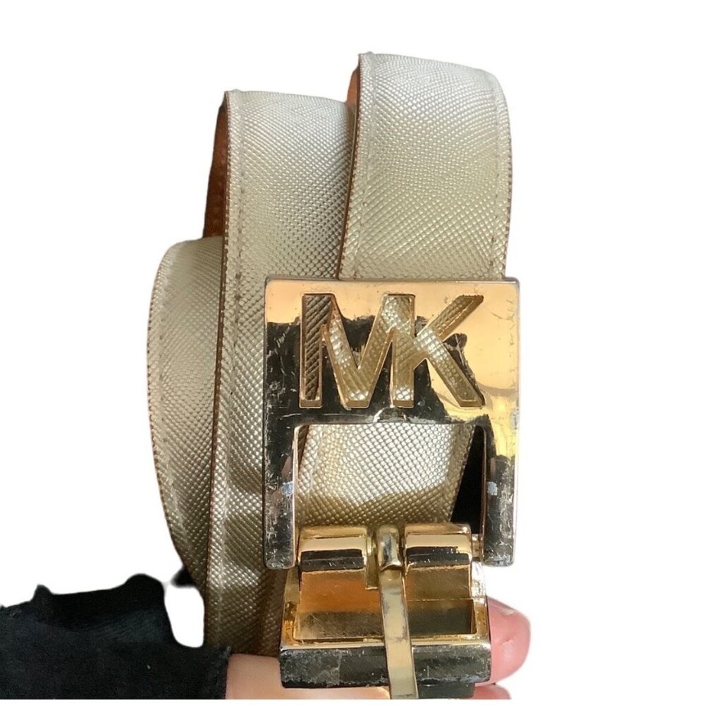 Michael Kors Gold‎ LOGO Belt Women Waist 32"-36" Reversible FLAW on Brown Side